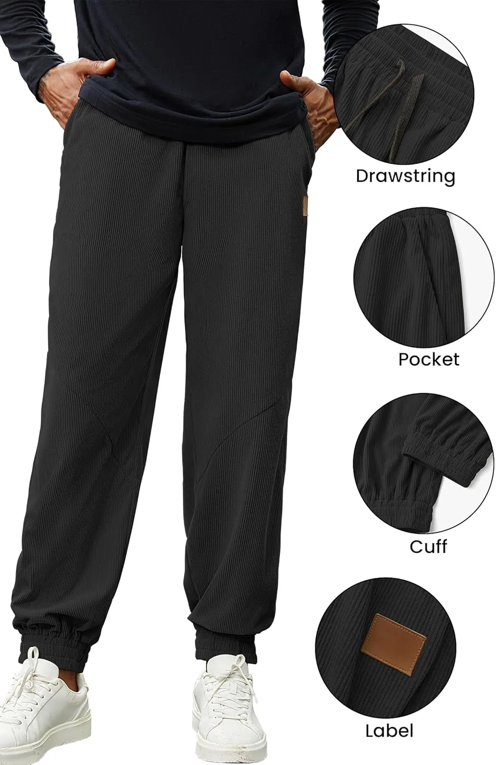 Mens Corduroy Joggers Pants Casual Cargo Pants Drawstring Elastic Waist Baggy Tapered Sweatpants with Pockets