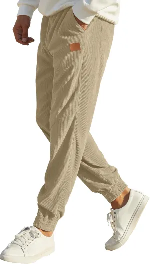 Mens Corduroy Joggers Pants Casual Cargo Pants Drawstring Elastic Waist Baggy Tapered Sweatpants with Pockets
