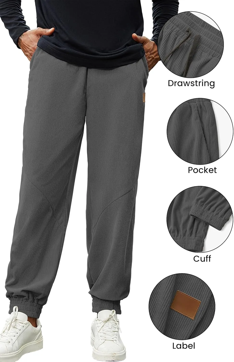Mens Corduroy Joggers Pants Casual Cargo Pants Drawstring Elastic Waist Baggy Tapered Sweatpants with Pockets