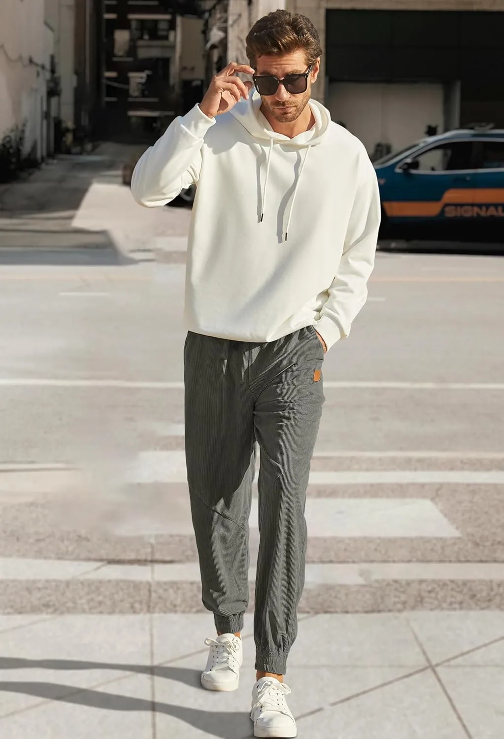 Mens Corduroy Joggers Pants Casual Cargo Pants Drawstring Elastic Waist Baggy Tapered Sweatpants with Pockets