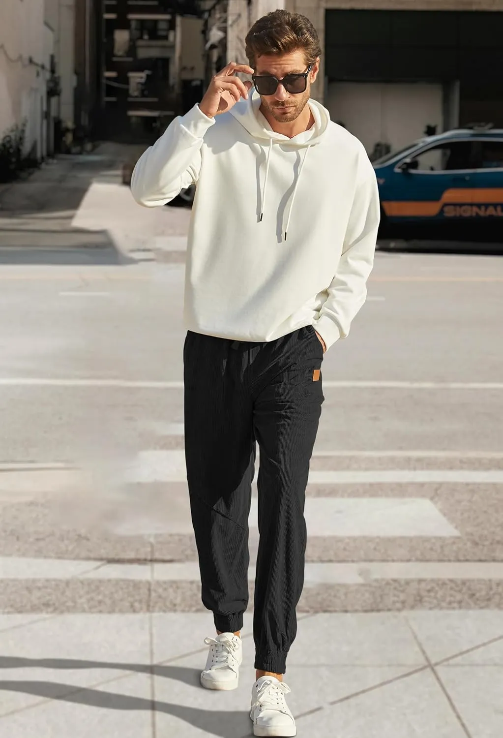 Mens Corduroy Joggers Pants Casual Cargo Pants Drawstring Elastic Waist Baggy Tapered Sweatpants with Pockets