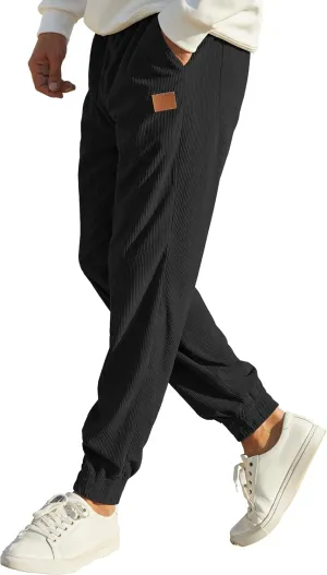 Mens Corduroy Joggers Pants Casual Cargo Pants Drawstring Elastic Waist Baggy Tapered Sweatpants with Pockets