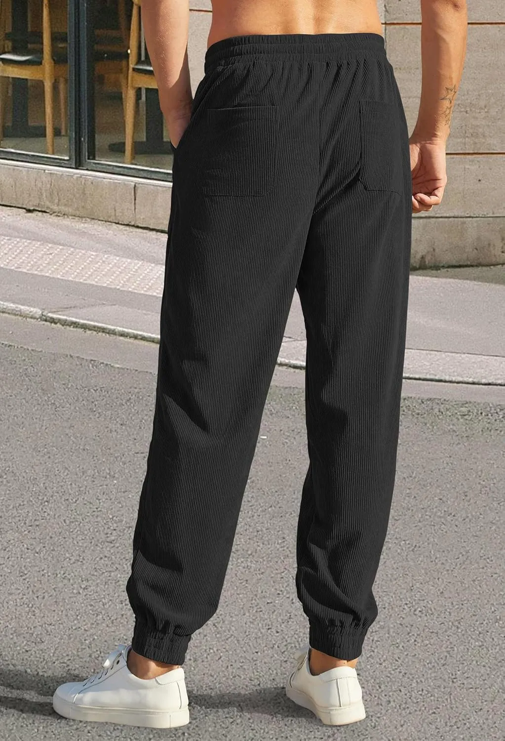 Mens Corduroy Joggers Pants Casual Cargo Pants Drawstring Elastic Waist Baggy Tapered Sweatpants with Pockets
