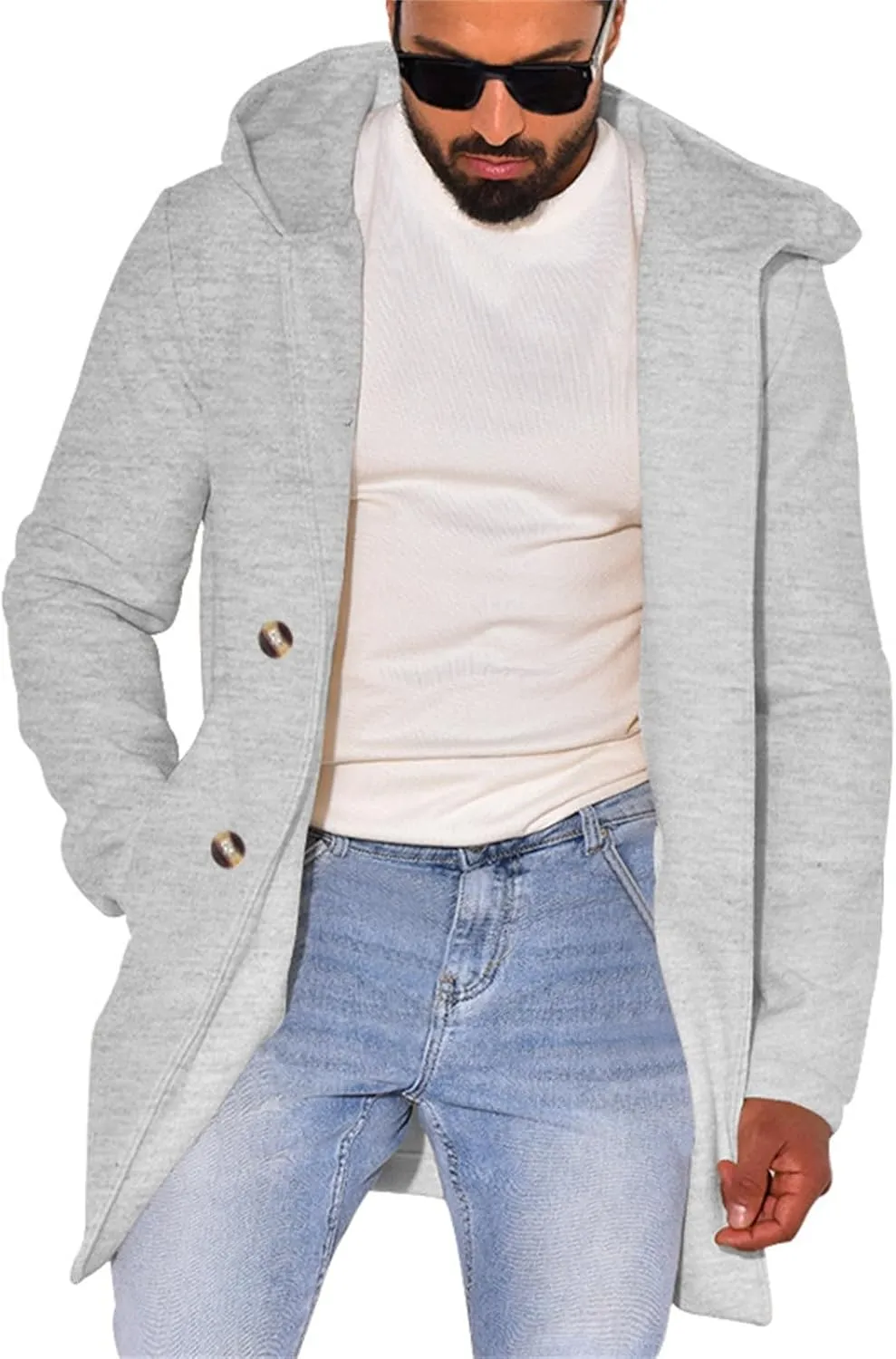 Men's Double Breasted Trench Coat Winter Warm Solid Color Pockets Hooded Coat Men'S Men's Double Breasted Trench