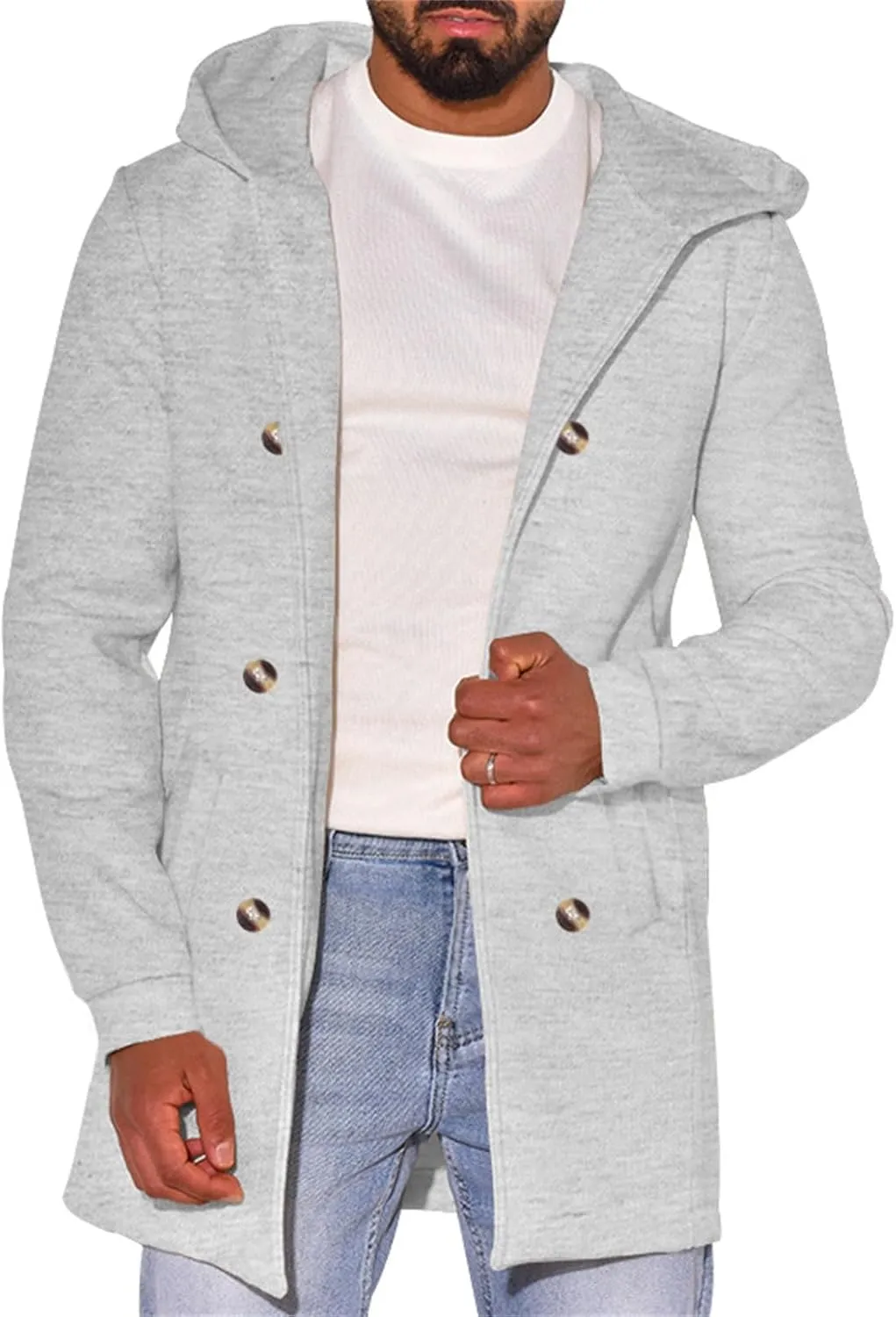 Men's Double Breasted Trench Coat Winter Warm Solid Color Pockets Hooded Coat Men'S Men's Double Breasted Trench