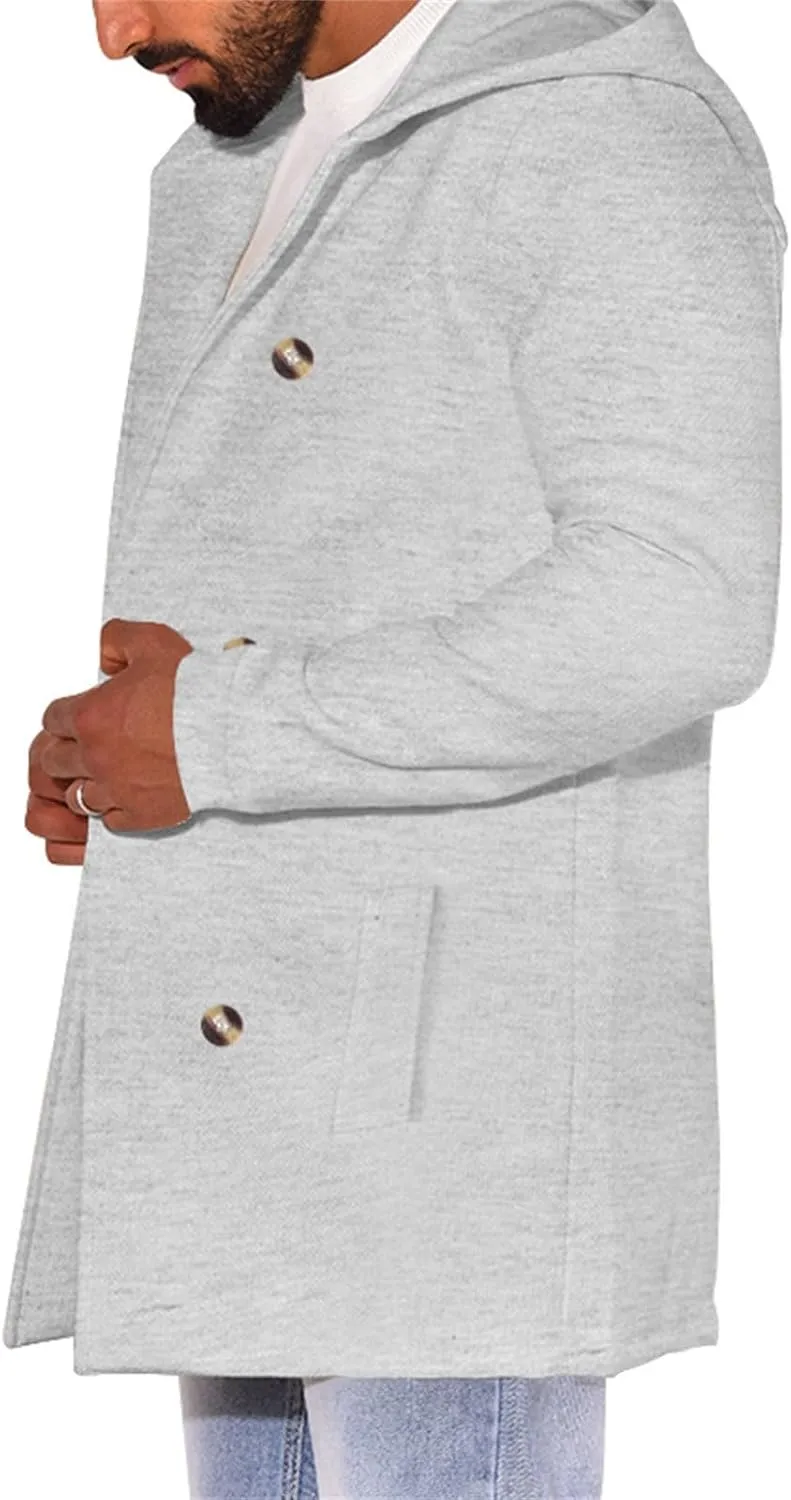 Men's Double Breasted Trench Coat Winter Warm Solid Color Pockets Hooded Coat Men'S Men's Double Breasted Trench