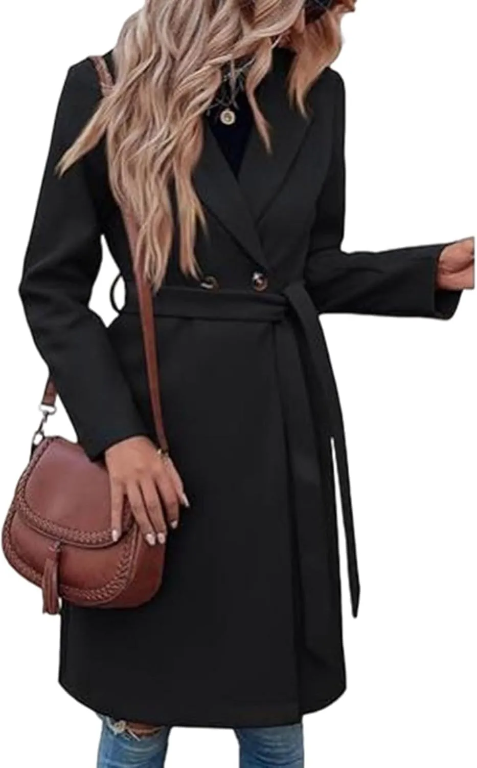 Pea Coats for Women Double-Breasted Wool Long Trench Coat Winter Lapel Collar Overcoat Windbreaker Jacket with Belt