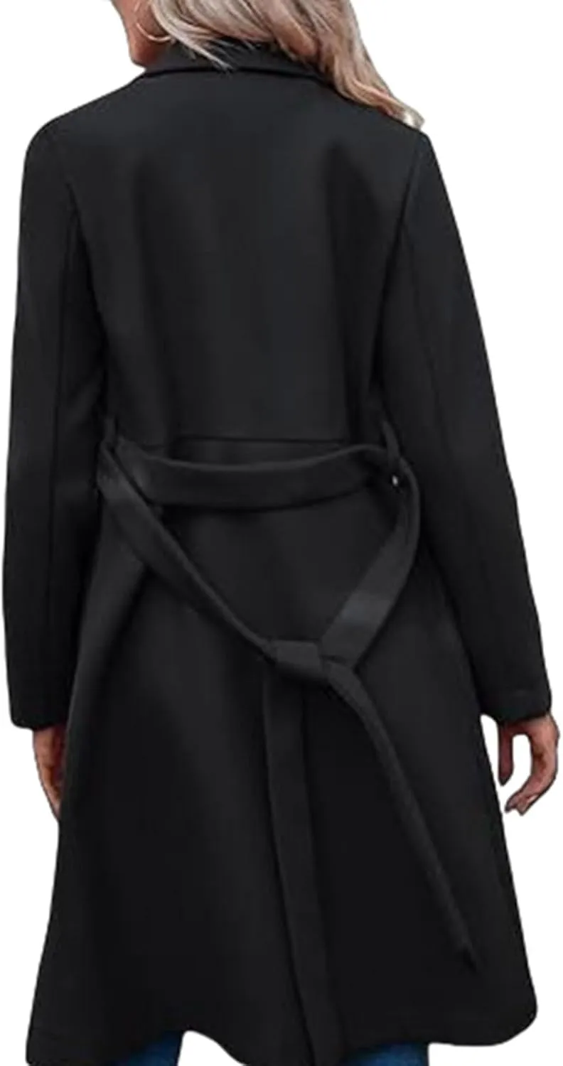 Pea Coats for Women Double-Breasted Wool Long Trench Coat Winter Lapel Collar Overcoat Windbreaker Jacket with Belt
