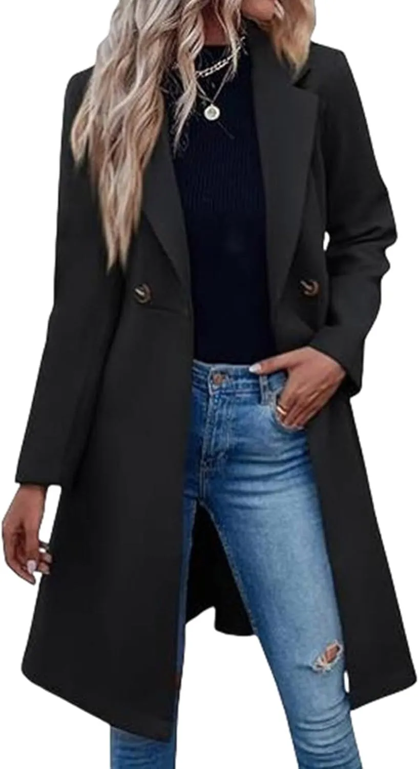 Pea Coats for Women Double-Breasted Wool Long Trench Coat Winter Lapel Collar Overcoat Windbreaker Jacket with Belt