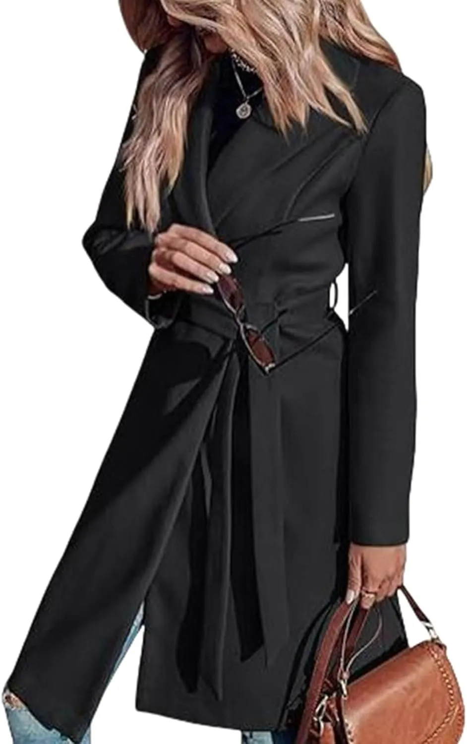 Pea Coats for Women Double-Breasted Wool Long Trench Coat Winter Lapel Collar Overcoat Windbreaker Jacket with Belt