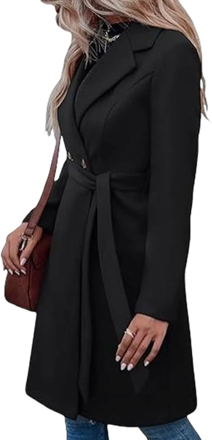 Pea Coats for Women Double-Breasted Wool Long Trench Coat Winter Lapel Collar Overcoat Windbreaker Jacket with Belt