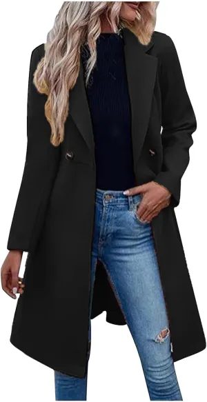Pea Coats for Women Double-Breasted Wool Long Trench Coat Winter Lapel Collar Overcoat Windbreaker Jacket with Belt
