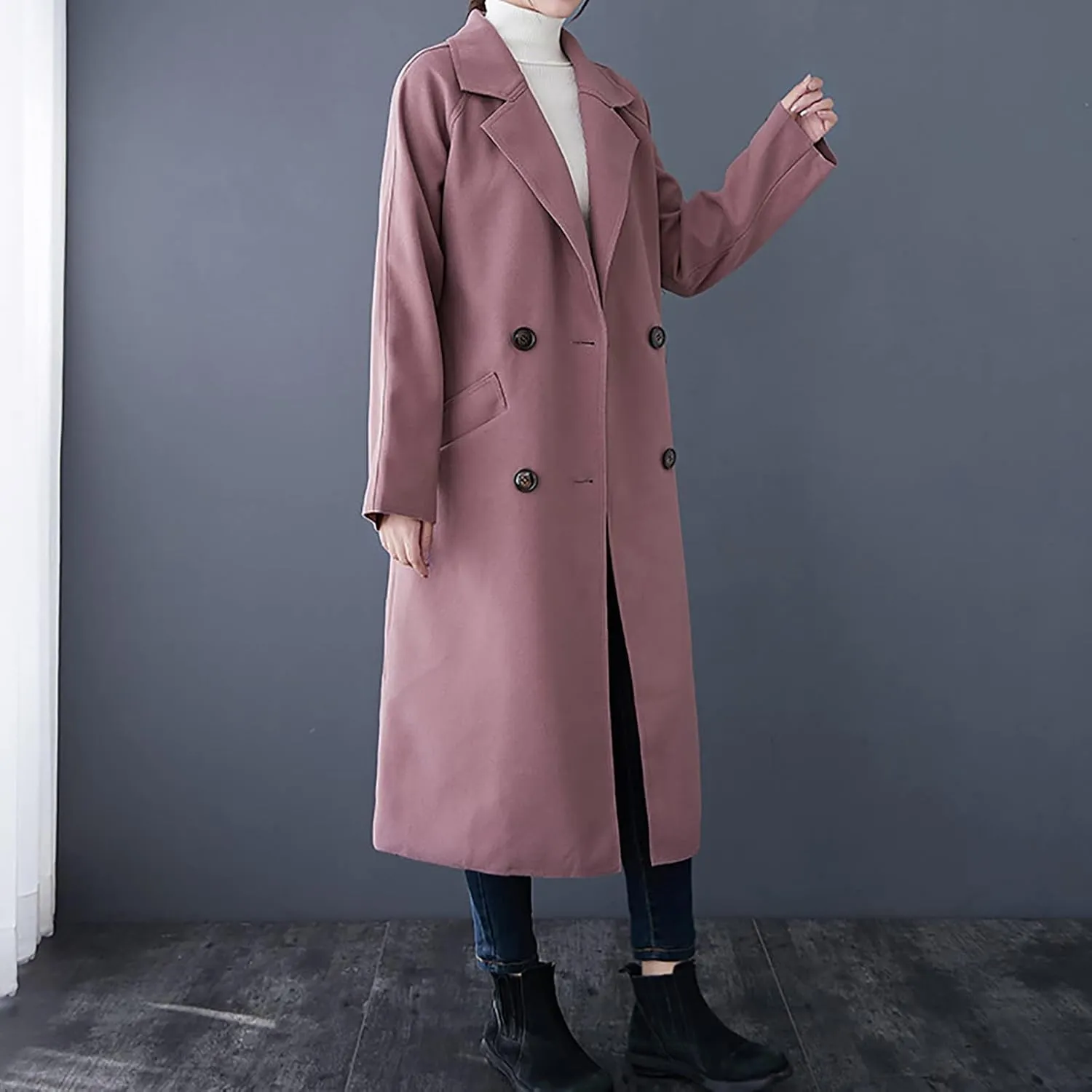 QWENTMTNTY Women's Wool Trench Coats Long Classic Winter Lapel Collar Belted Pea Coats Fashion Loose Wool Peacoat Jackets