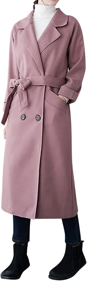 QWENTMTNTY Women's Wool Trench Coats Long Classic Winter Lapel Collar Belted Pea Coats Fashion Loose Wool Peacoat Jackets