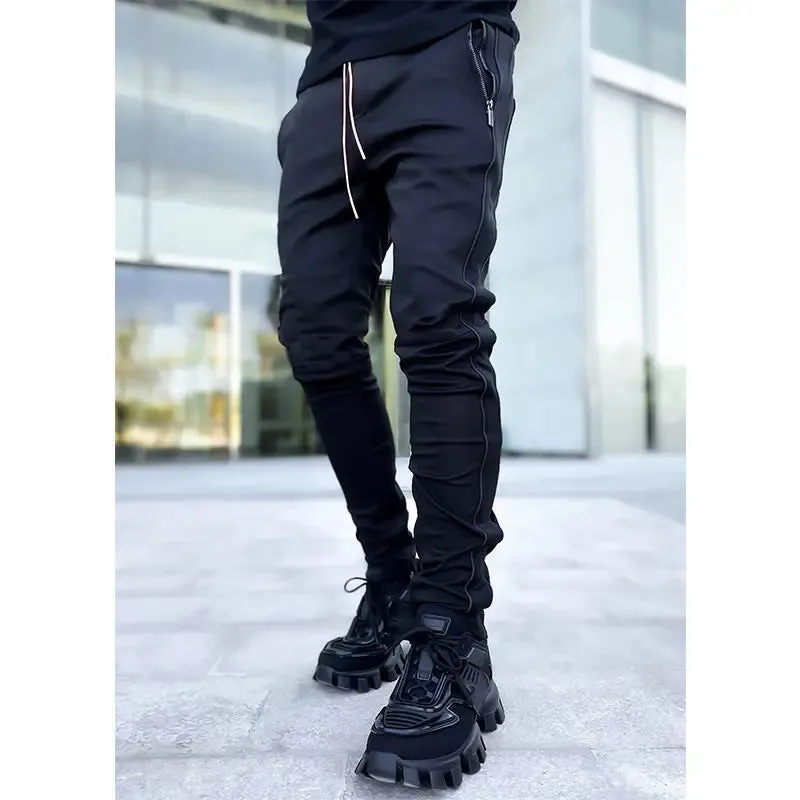 Spring Autumn Casual Harem Pants for Men Reflective Full Length Joggers with Multiple Pockets elastic waist Fitness Trousers