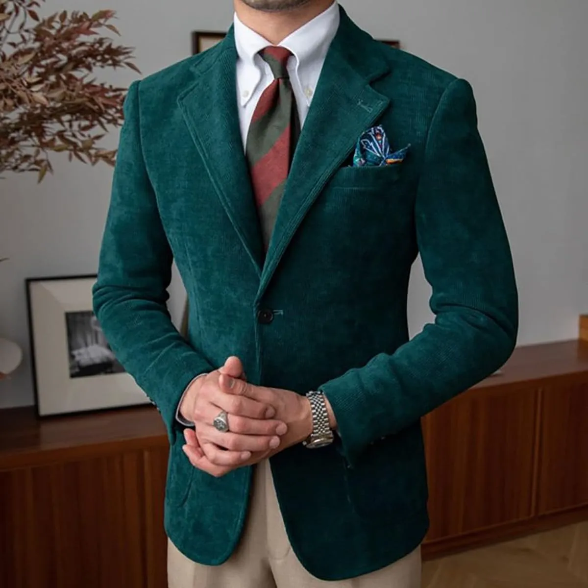 Wangyue Mens Corduroy Blazer Sport Coat Casual Blazer for Men Corduroy Jacket Notch Lapel One Button Blazer Jacket