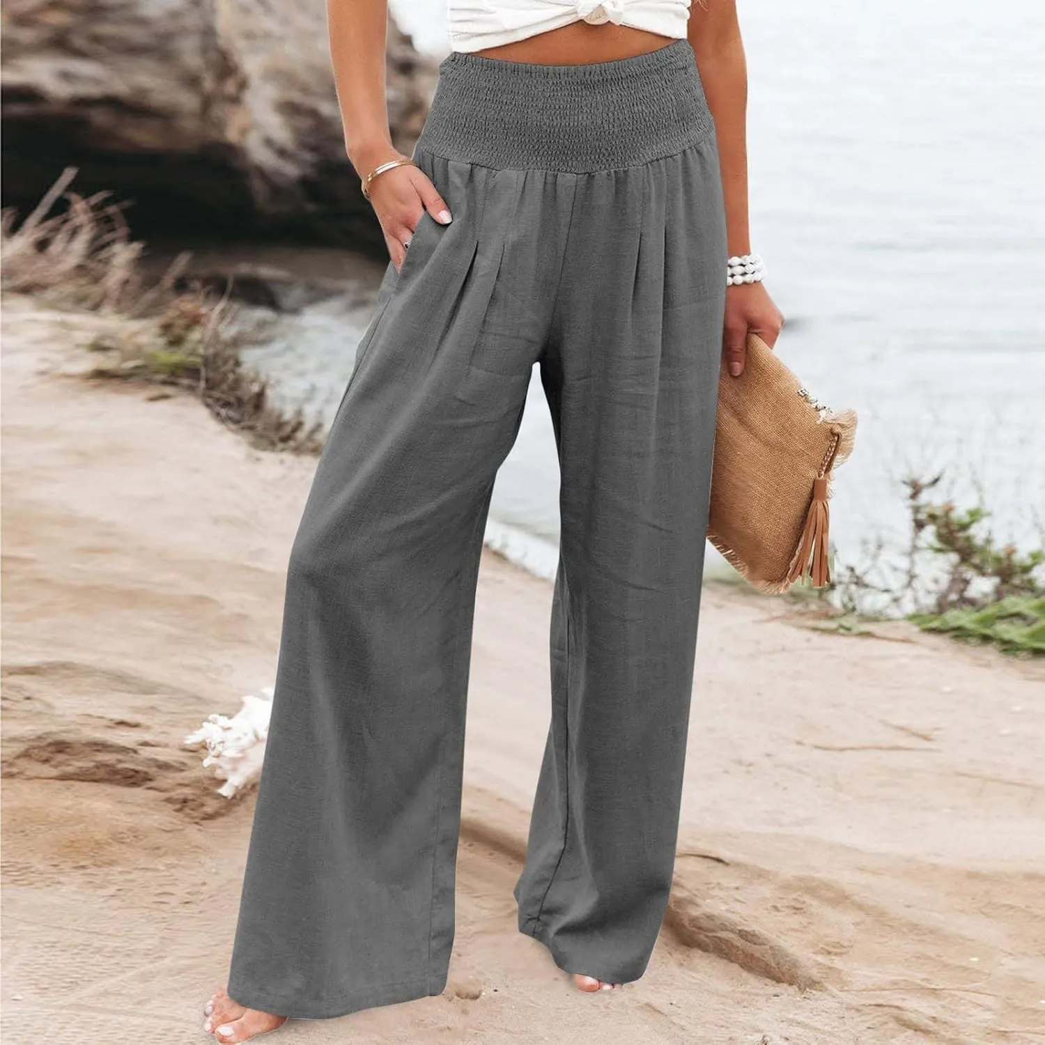 Women High Waisted Lounge Wide Leg Pants Elastic Waist Pleated Straight Pants Baggy Long Trousers Fall Trendy