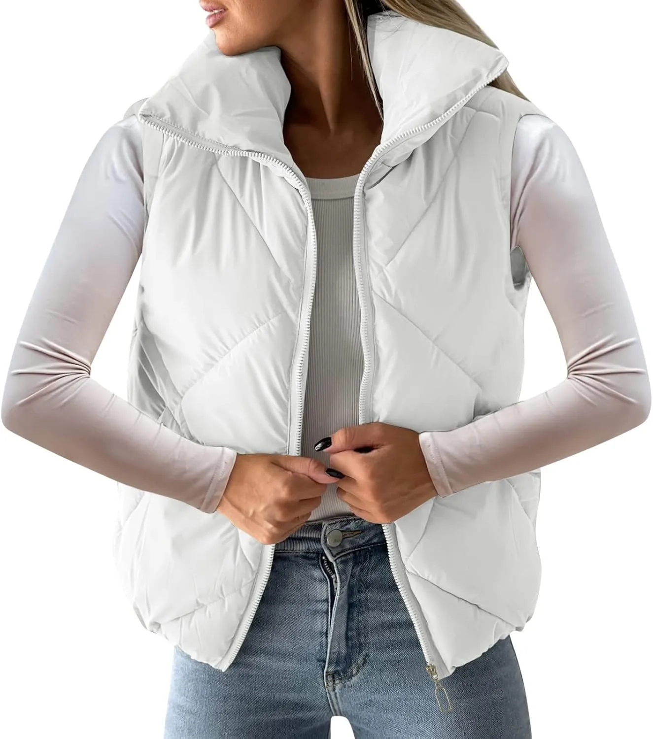 Womens 2024 Quilted Puffer Jacket Vest Fashion Cropped Sleeveless Down Coat Gilet Lightweight Casual Full Zip Outwear