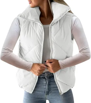 Womens 2024 Quilted Puffer Jacket Vest Fashion Cropped Sleeveless Down Coat Gilet Lightweight Casual Full Zip Outwear