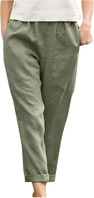 Womens Casual Loose Elastic Waist Trouser Cotton Lined Straight Leg Lounge Pants Fashion Plus Size Vacation Clothes