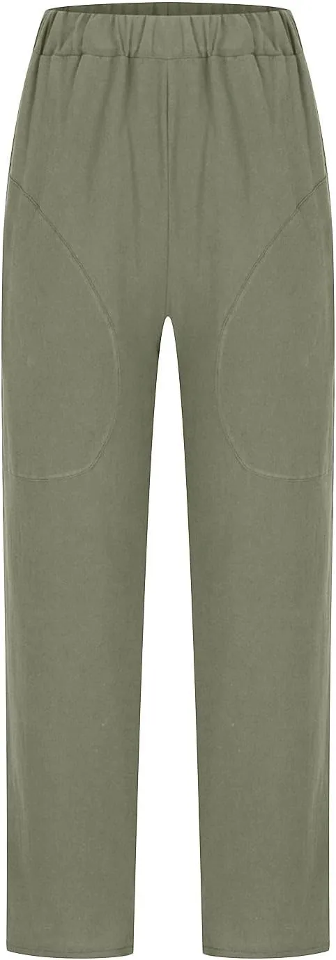 Womens Casual Loose Elastic Waist Trouser Cotton Lined Straight Leg Lounge Pants Fashion Plus Size Vacation Clothes