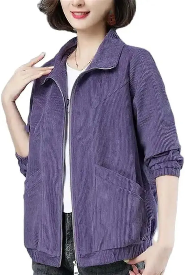 Women's Corduroy Jacket Short Soft Loose Long Sleeve Zipper Jacket