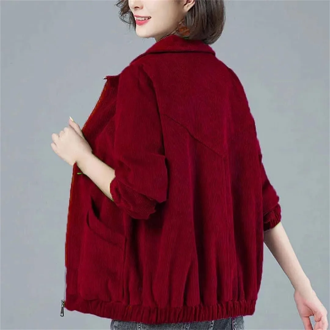 Women's Corduroy Jacket Short Soft Loose Long Sleeve Zipper Jacket