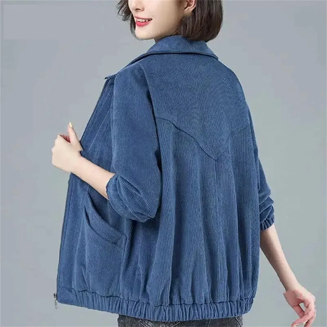 Women's Corduroy Jacket Short Soft Loose Long Sleeve Zipper Jacket