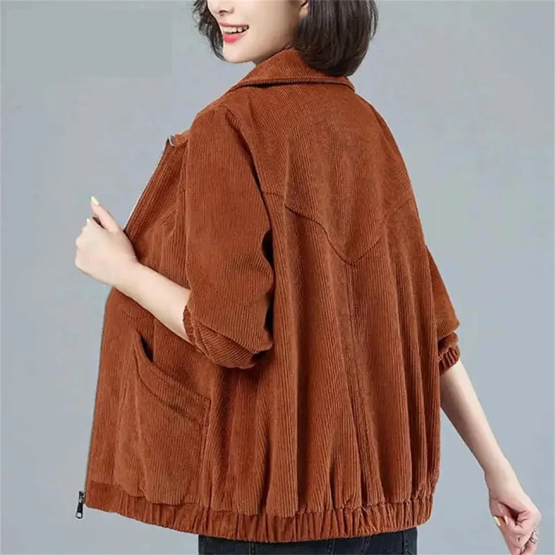 Women's Corduroy Jacket Short Soft Loose Long Sleeve Zipper Jacket