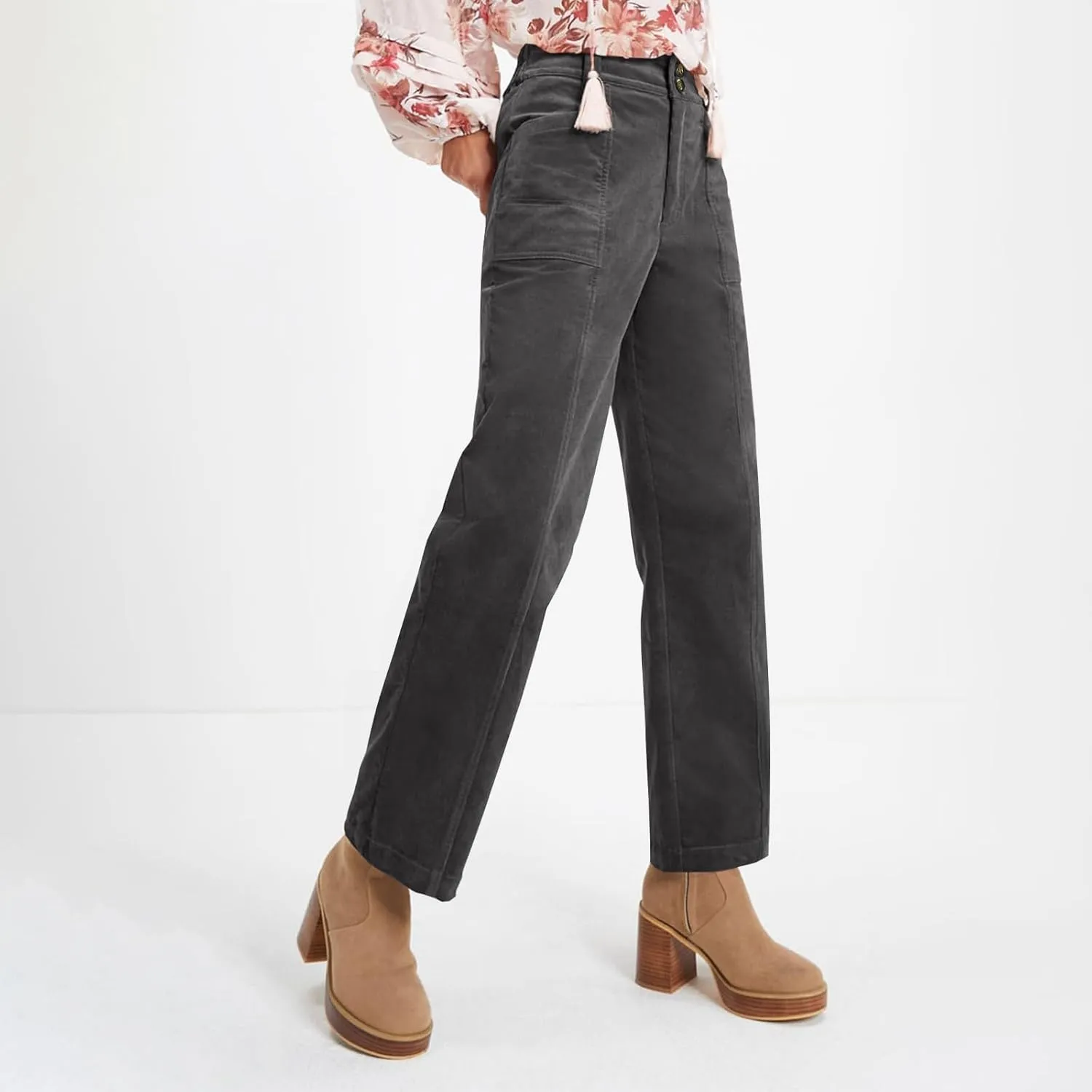 Womens Corduroy Pants Trendy High Waisted Straight Leg Work Pants Trousers Fall Elastic Waist Pants with Pockets