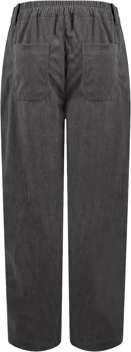 Womens Corduroy Pants Trendy High Waisted Straight Leg Work Pants Trousers Fall Elastic Waist Pants with Pockets