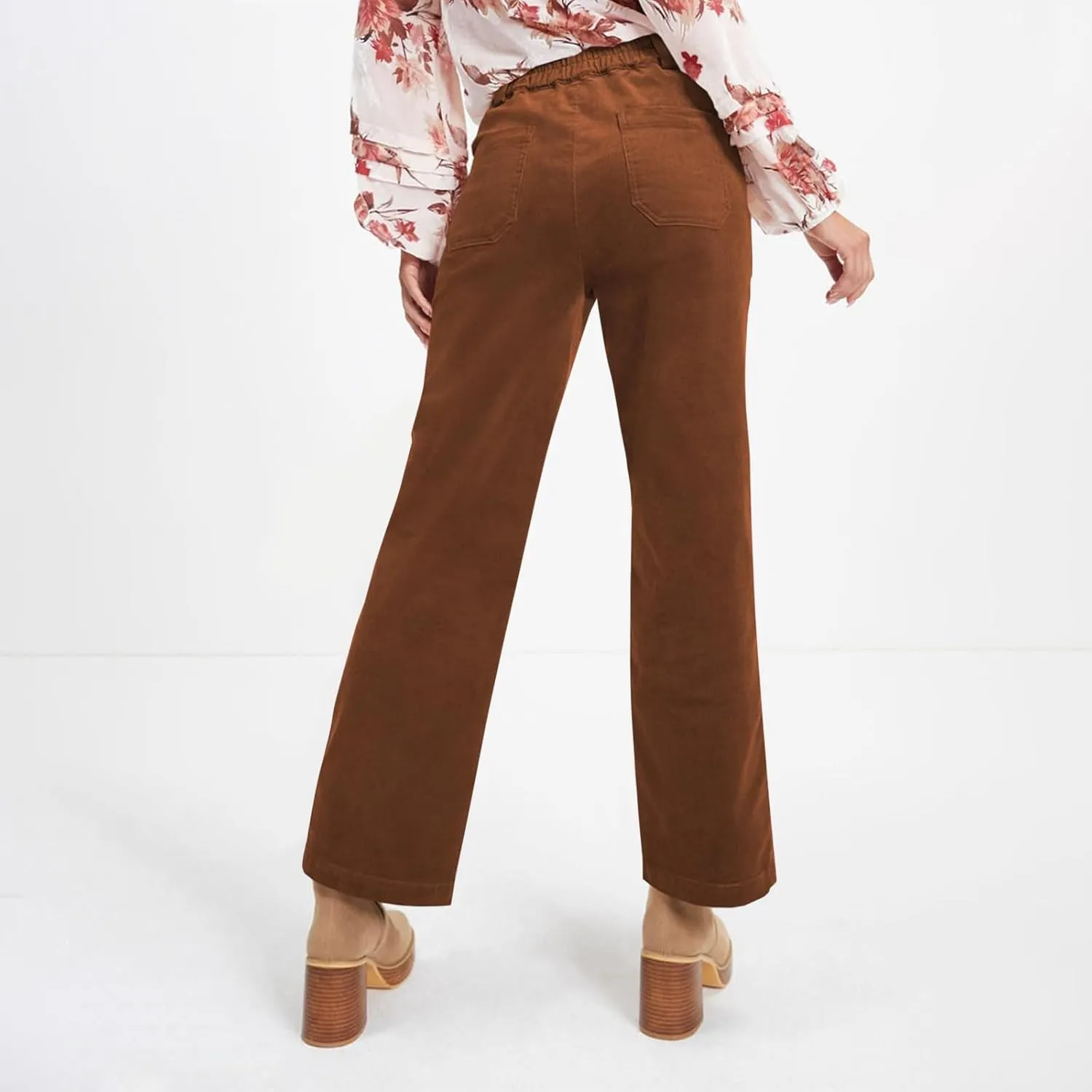 Womens Corduroy Pants Trendy High Waisted Straight Leg Work Pants Trousers Fall Elastic Waist Pants with Pockets