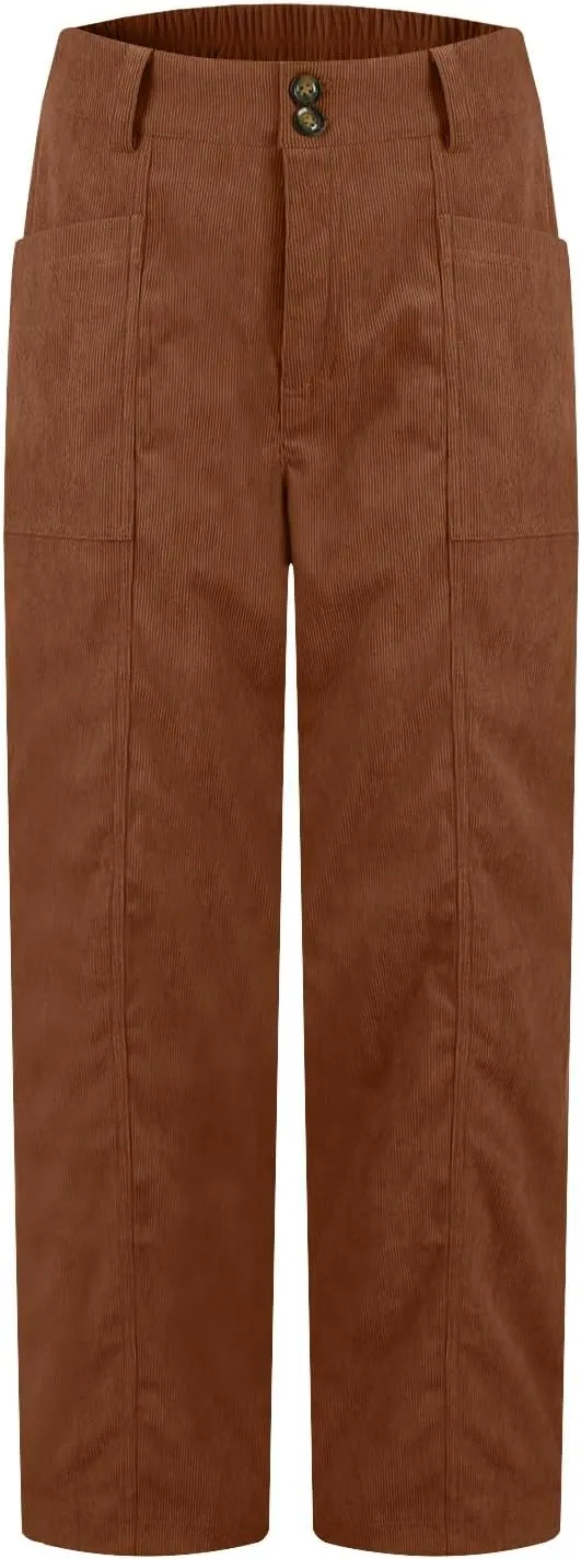 Womens Corduroy Pants Trendy High Waisted Straight Leg Work Pants Trousers Fall Elastic Waist Pants with Pockets