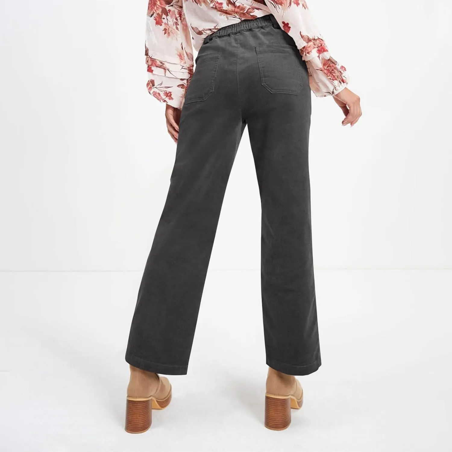 Womens Corduroy Pants Trendy High Waisted Straight Leg Work Pants Trousers Fall Elastic Waist Pants with Pockets