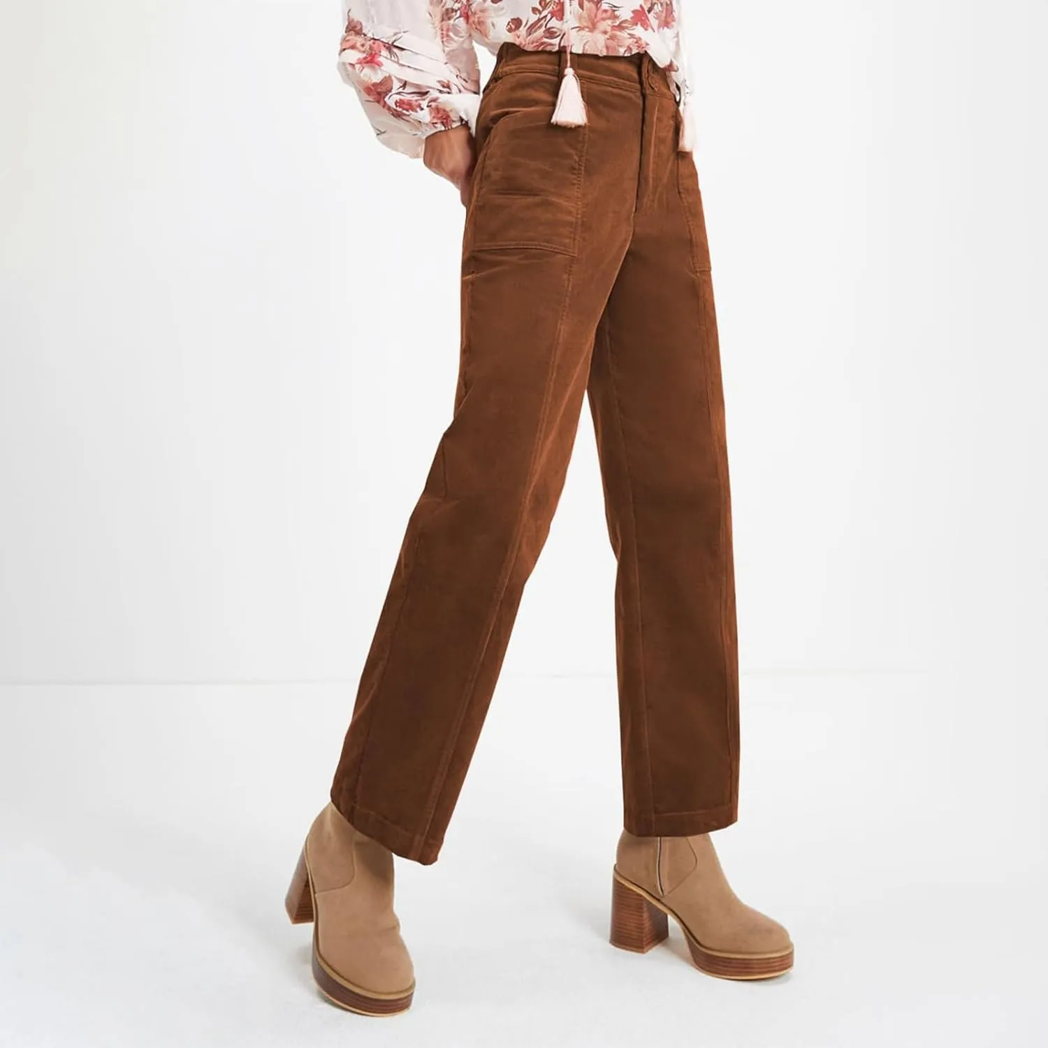 Womens Corduroy Pants Trendy High Waisted Straight Leg Work Pants Trousers Fall Elastic Waist Pants with Pockets
