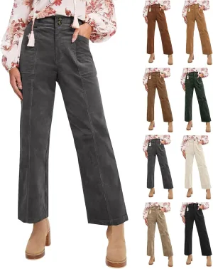 Womens Corduroy Pants Trendy High Waisted Straight Leg Work Pants Trousers Fall Elastic Waist Pants with Pockets
