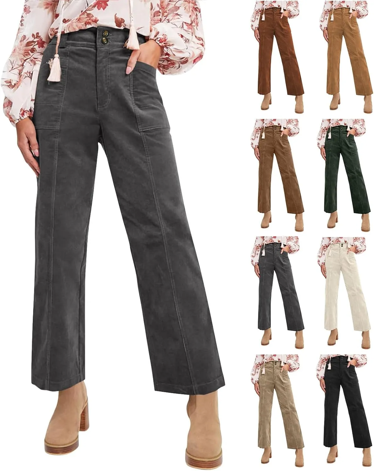 Womens Corduroy Pants Trendy High Waisted Straight Leg Work Pants Trousers Fall Elastic Waist Pants with Pockets