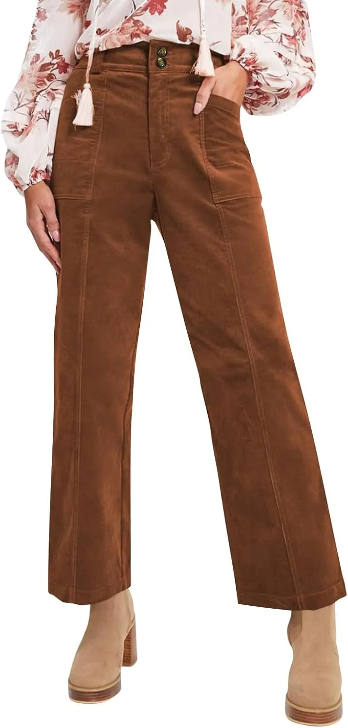 Womens Corduroy Pants Trendy High Waisted Straight Leg Work Pants Trousers Fall Elastic Waist Pants with Pockets