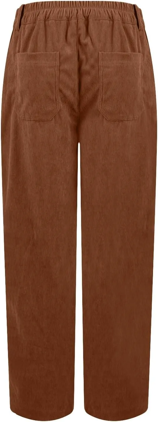 Womens Corduroy Pants Trendy High Waisted Straight Leg Work Pants Trousers Fall Elastic Waist Pants with Pockets