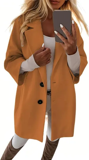 Womens Pea Coats Lapel Neck Button 3/4 Sleeve Coats Winter Double Breasted Wool Coats with Pockets