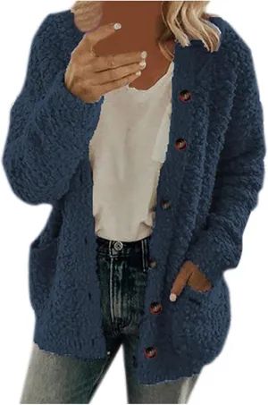 Womens Sherpa Jacket Plus Size Fuzzy Cardigan Open Front Fleece Jacket Long Sleeve Button Down Warm Coats