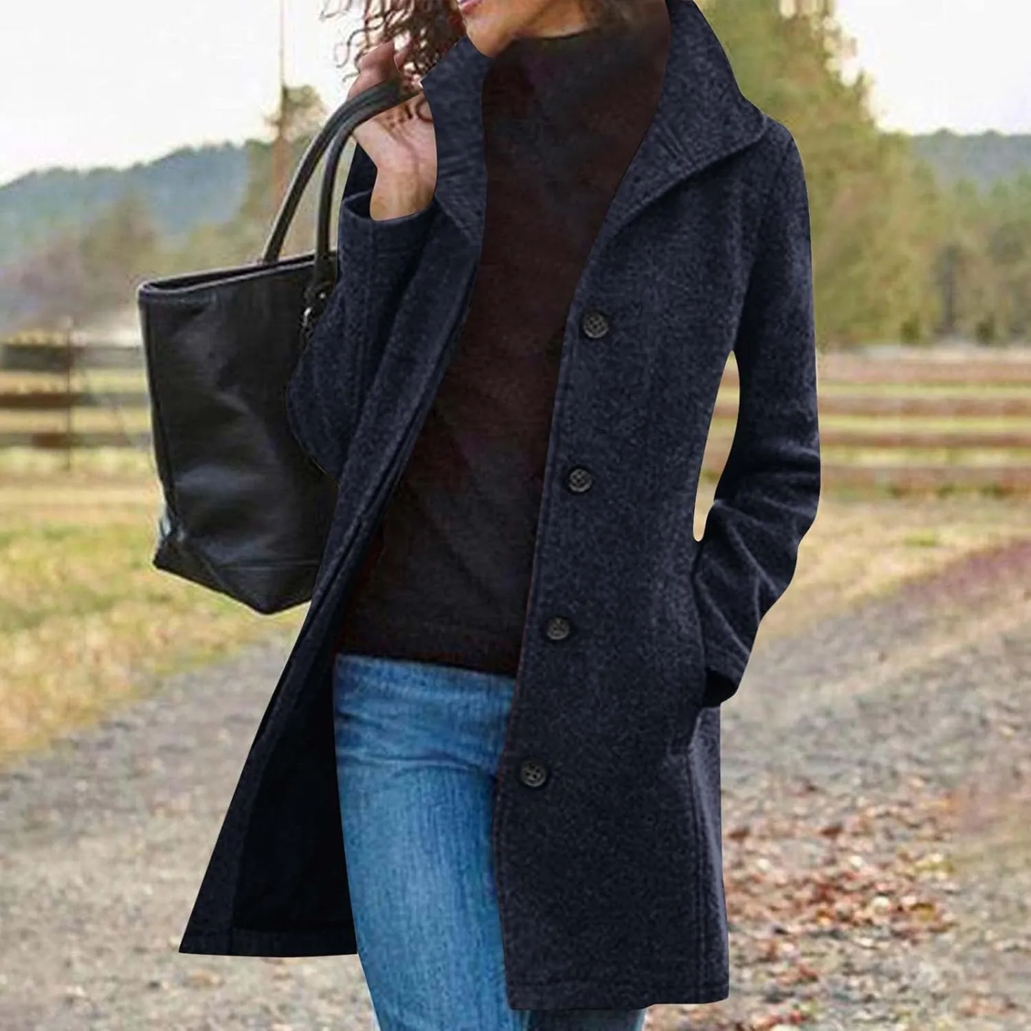 Womens Trench Coat Winter Wool Blend Notch Lapel Peacoats Camel Mid-Long Button Down Winter Jackets Outwear
