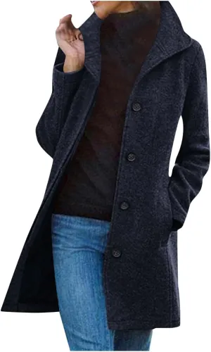 Womens Trench Coat Winter Wool Blend Notch Lapel Peacoats Camel Mid-Long Button Down Winter Jackets Outwear