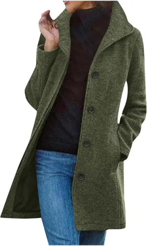 Womens Trench Coat Winter Wool Blend Notch Lapel Peacoats Camel Mid-Long Button Down Winter Jackets Outwear