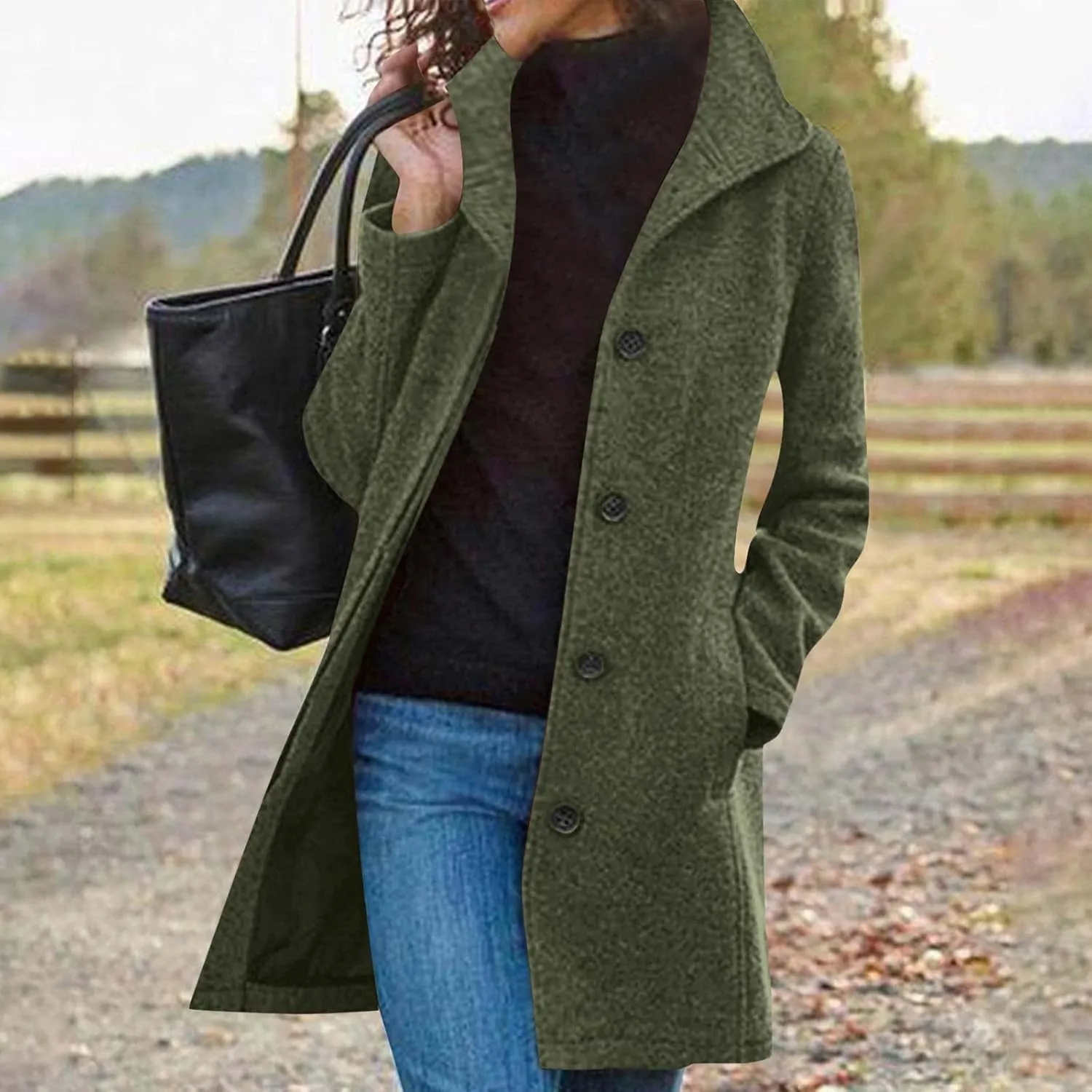 Womens Trench Coat Winter Wool Blend Notch Lapel Peacoats Camel Mid-Long Button Down Winter Jackets Outwear