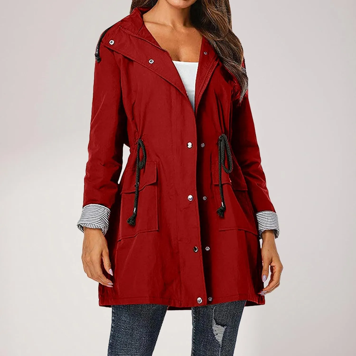 Women'S Windbreaker Gothic Punk Collar Pea Coat Winter Coat Women'S Long Fleece Pea Jacket Slim Hooded Dress Coat