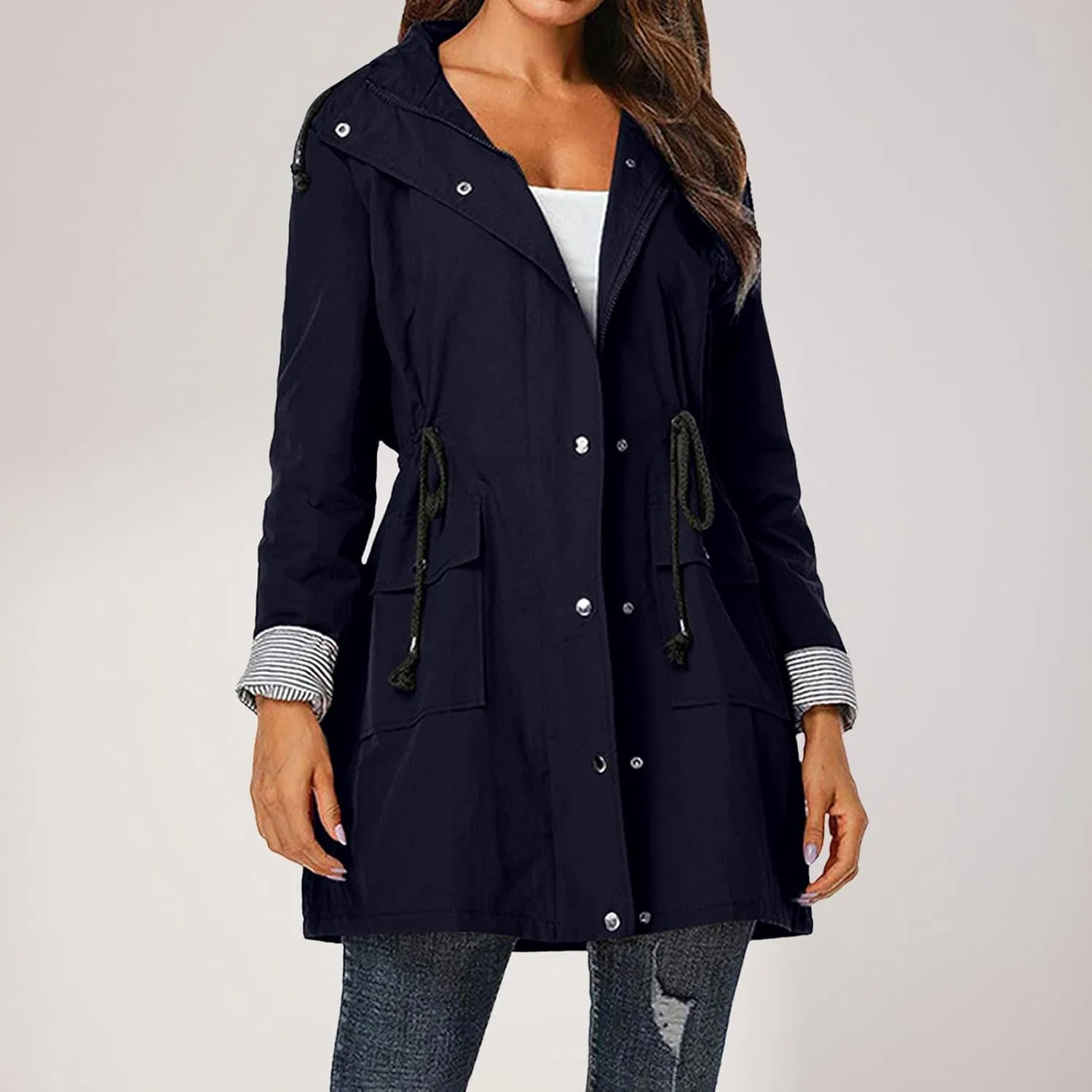 Women'S Windbreaker Gothic Punk Collar Pea Coat Winter Coat Women'S Long Fleece Pea Jacket Slim Hooded Dress Coat