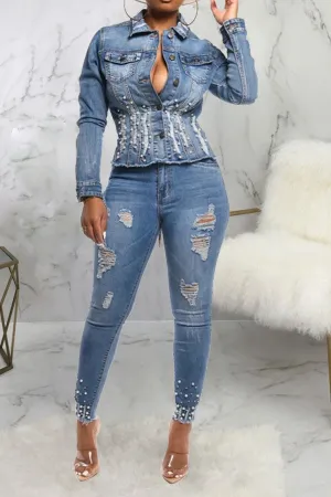 xiangtuibao Beaded Decor Girly Burrs Denim Coat