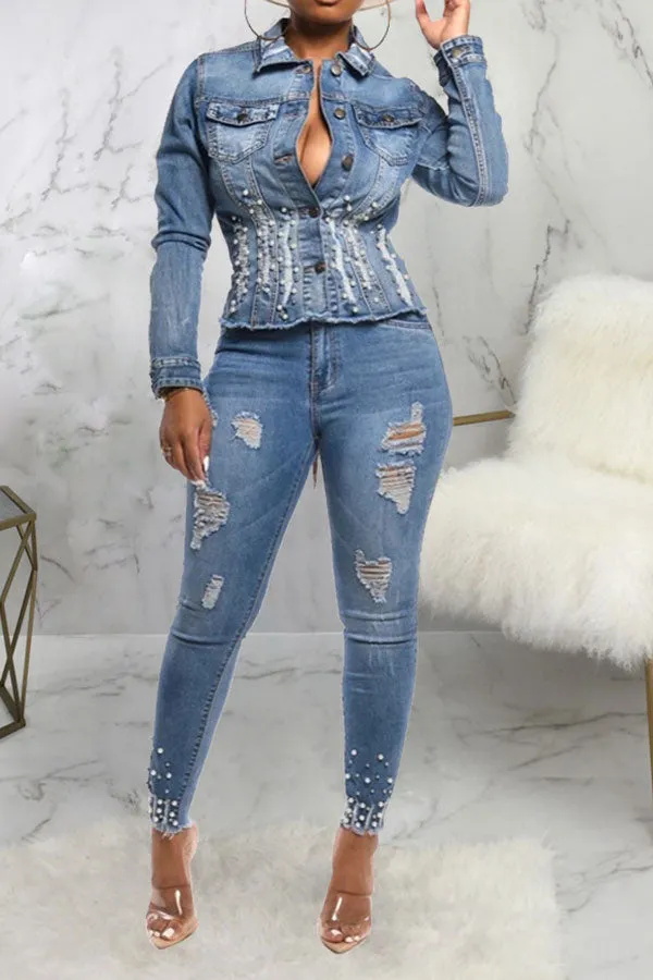 xiangtuibao Beaded Decor Girly Burrs Denim Coat