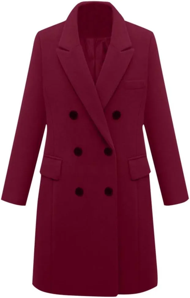 XUNRYAN Womens Wool-Blend Trench Coats Long Sleeve Jackets Casual Button Peacoats Elegant Blazer Suit Notch Lapel Slim Outer